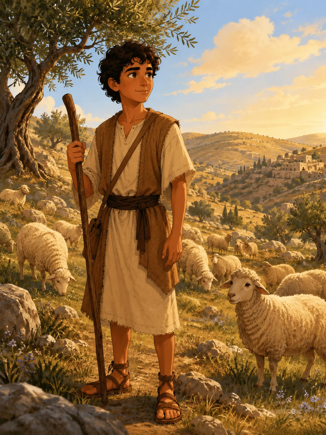 Teen David watching over sheep in the hills.
