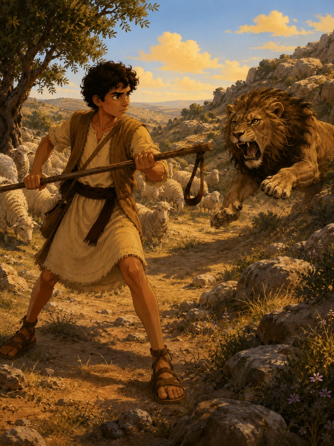 Teen David defending sheep from a lion.