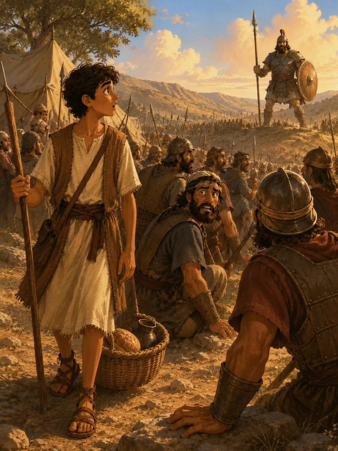 Teen David arriving near the battlefield where Goliath stands.