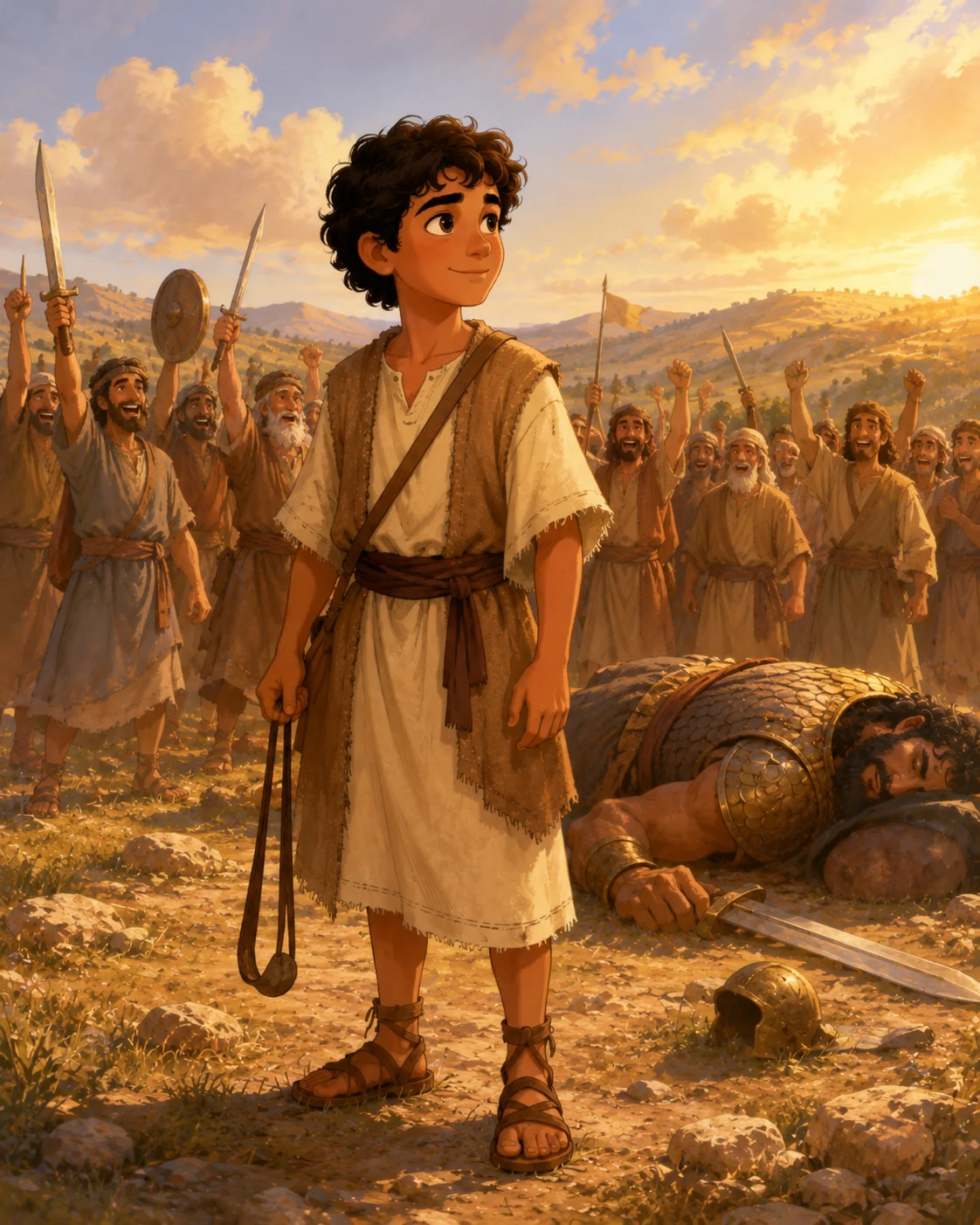 Young David standing with his shepherd staff in a sunny field full of sheep.