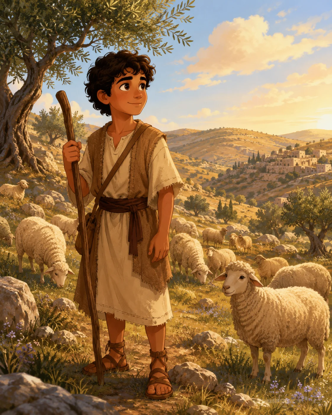 Samuel anointing young David while his family watches nearby.