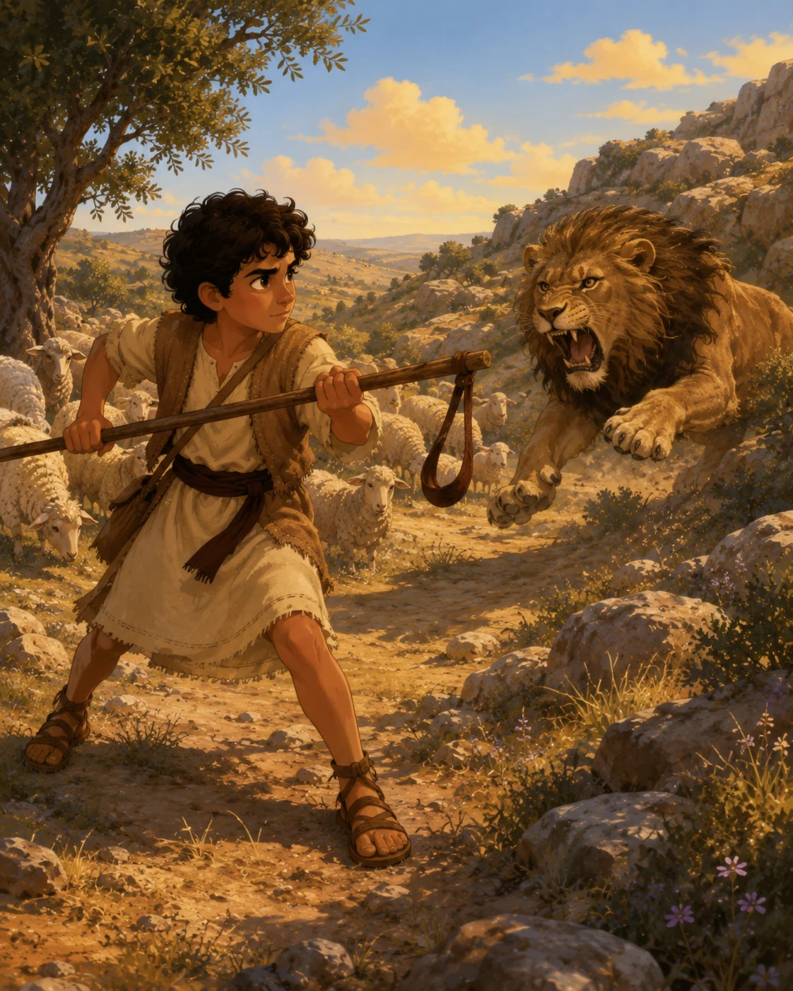David arriving at the battlefield and seeing Goliath standing on a hill.