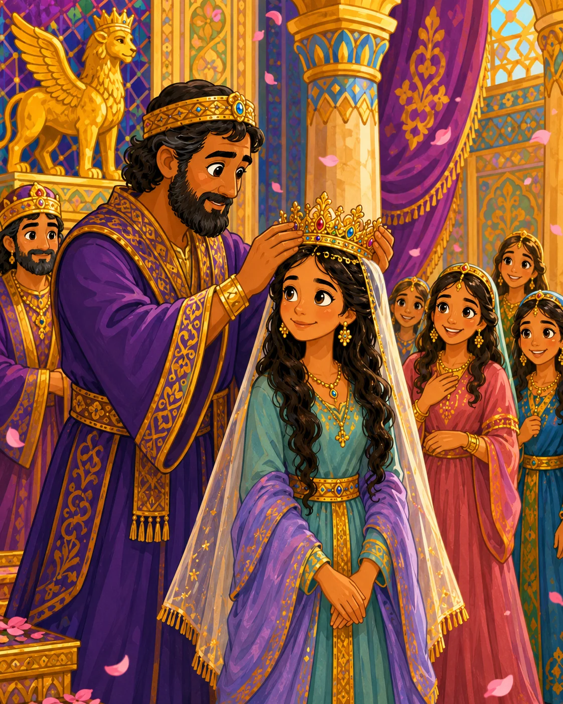 King Xerxes placing a crown on Esther as she becomes queen.
