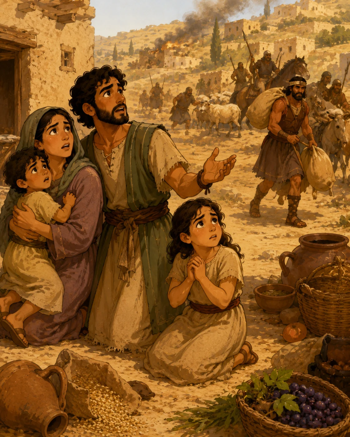 Israelite families looking afraid while the Midianites take food and animals from their land.