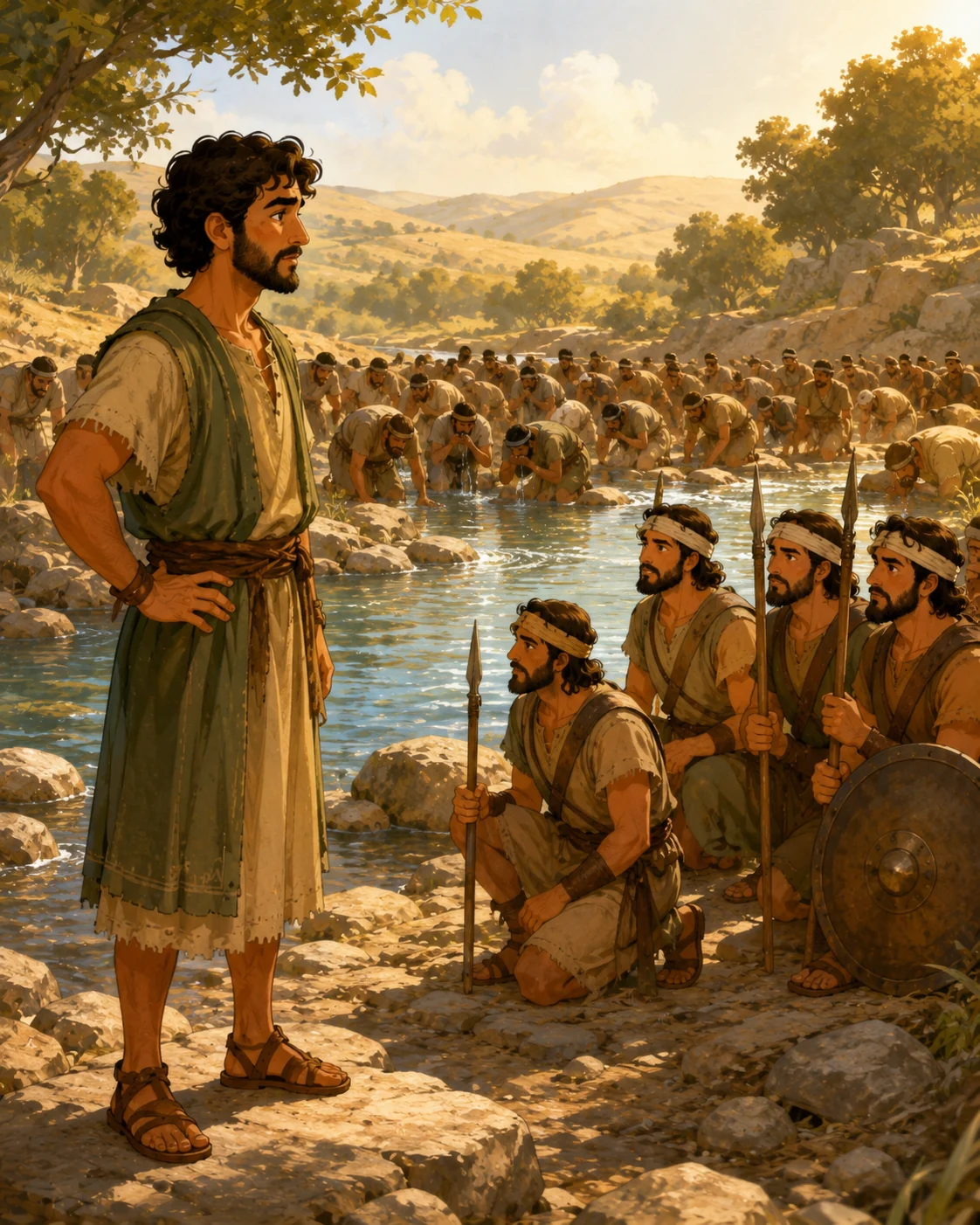 Gideon watching the men at the water as God shows him which soldiers to keep.