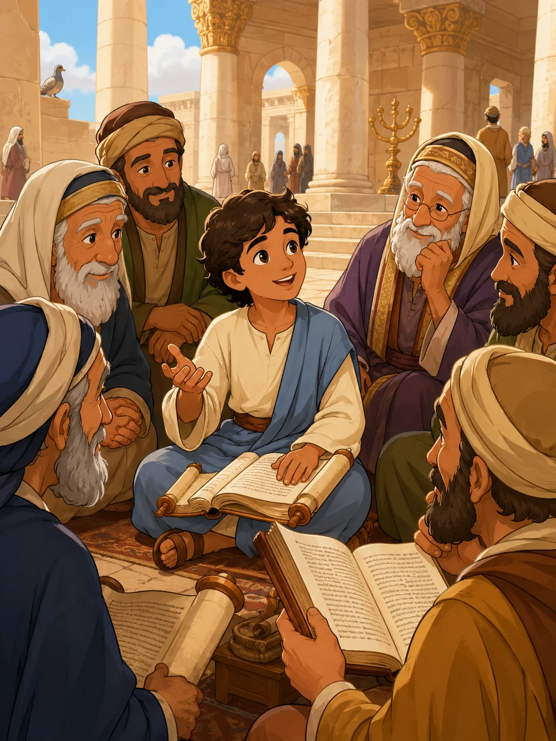 Young Jesus sitting among the teachers in the temple, listening and asking questions.
