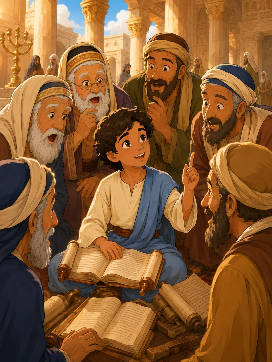 The teachers in the temple listening carefully as young Jesus speaks with wisdom.