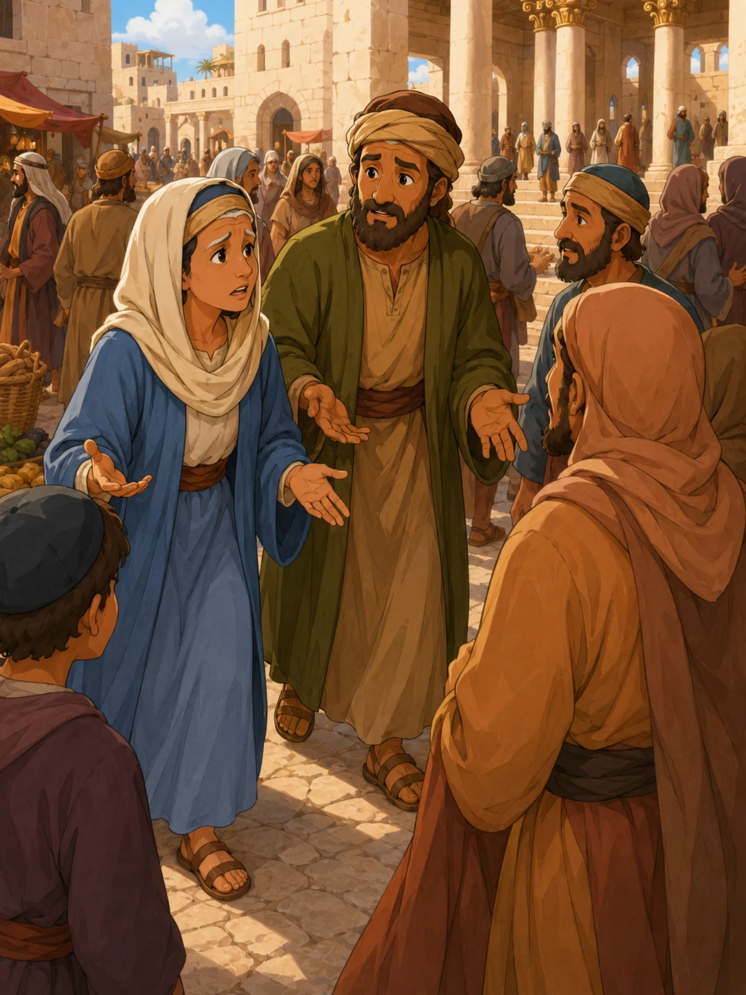 Mary and Joseph searching for Jesus in a busy Jerusalem courtyard.
