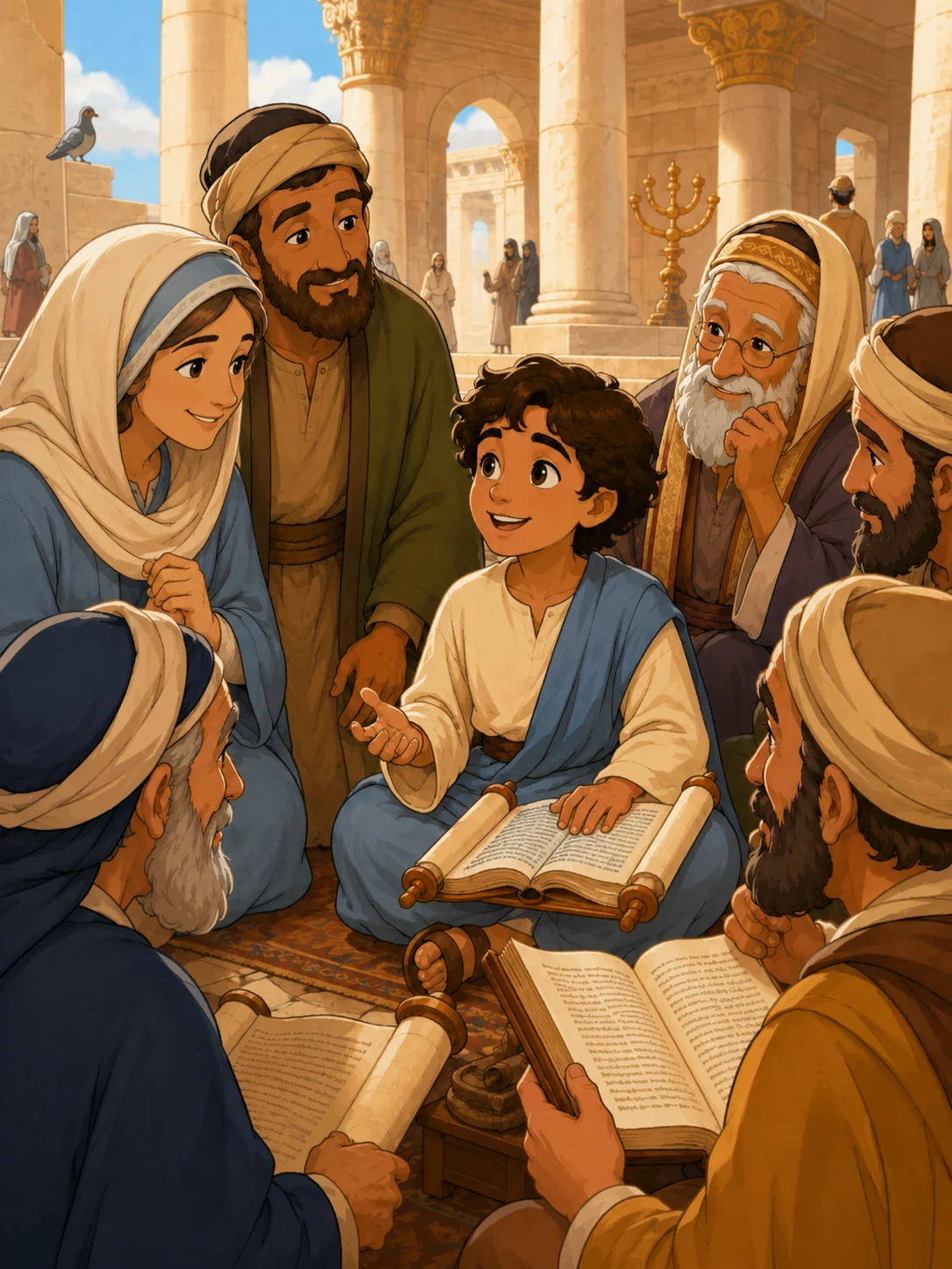 Mary and Joseph finding young Jesus in the temple among the teachers.