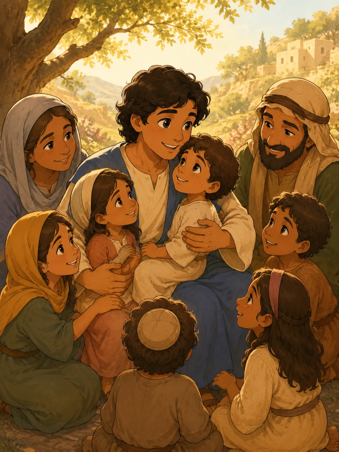 Jesus holding and blessing children while families watch with joy.