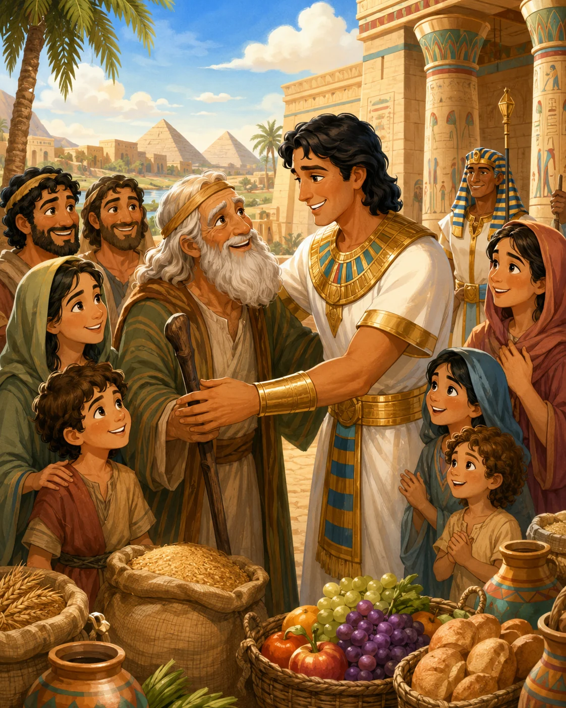 Joseph reunited with his family in Egypt with food and grain nearby.