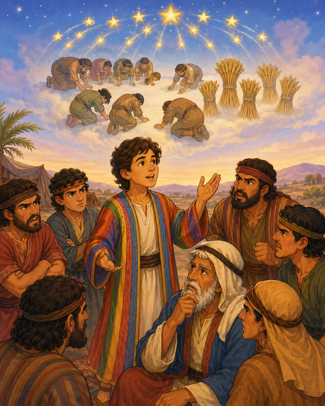 Joseph arriving in Egypt and being welcomed by an important Egyptian official.