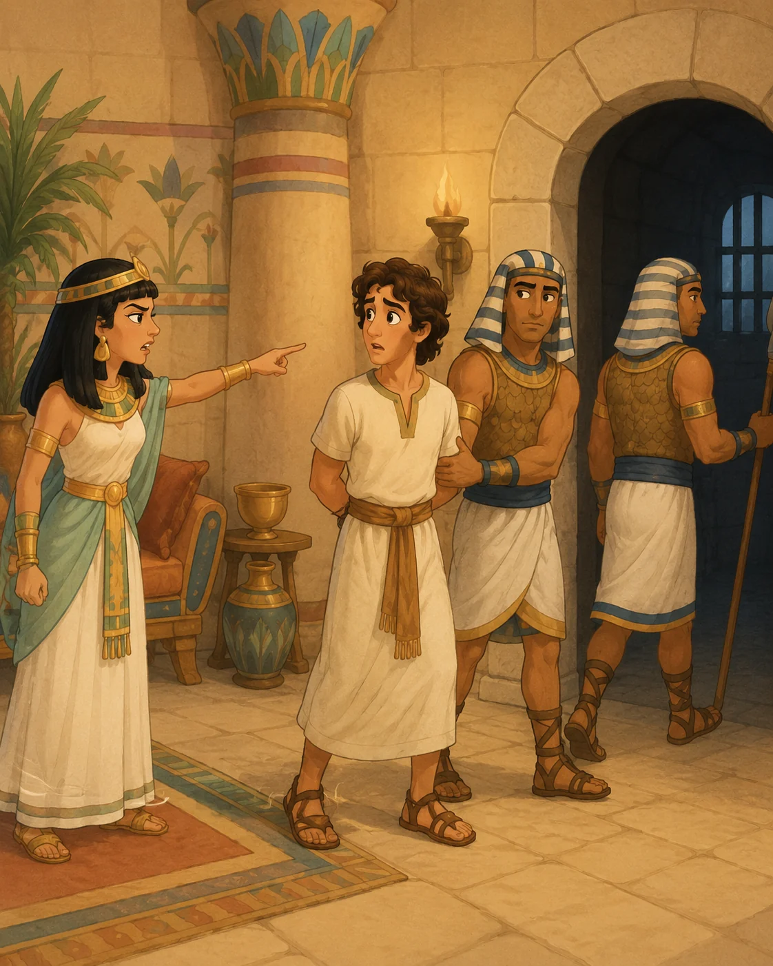 Joseph being falsely accused and taken away by guards in an Egyptian house.