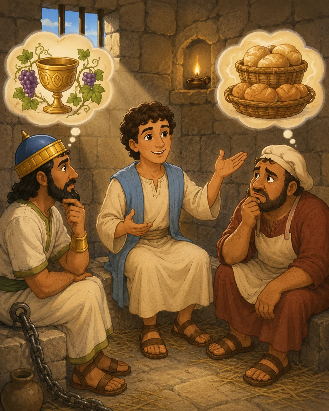 Joseph in jail helping two men understand their dreams about bread and a cup.