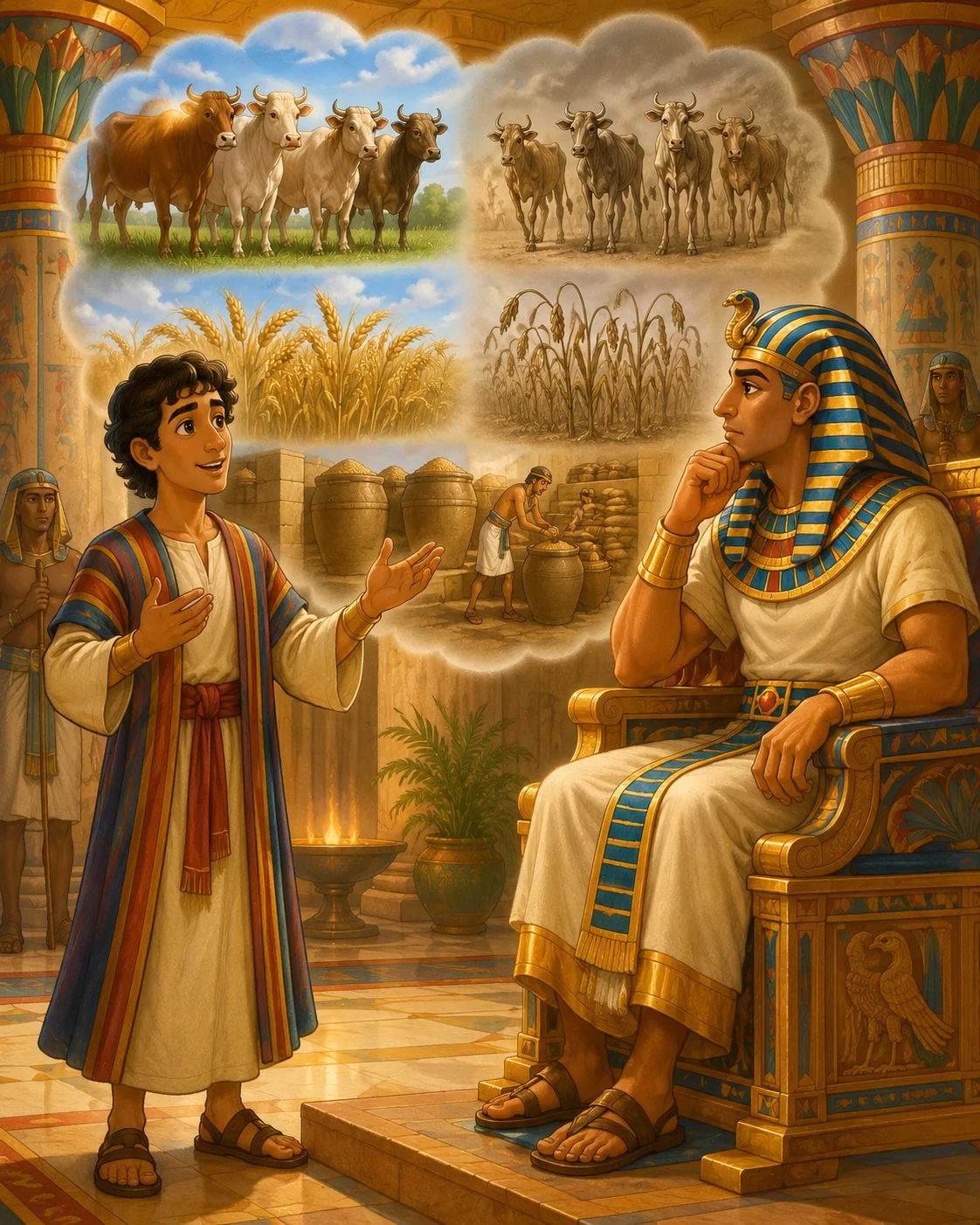 Joseph explaining Pharaoh’s dreams about cows, grain, and years of famine.