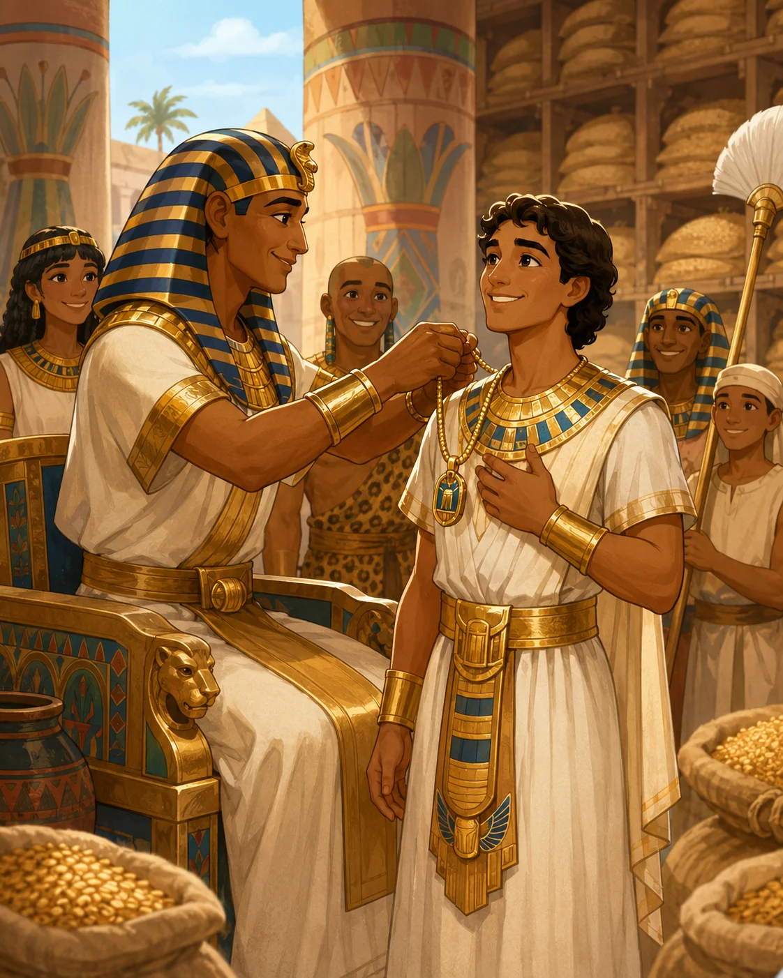 Pharaoh honoring Joseph and giving him a necklace as a sign of leadership.