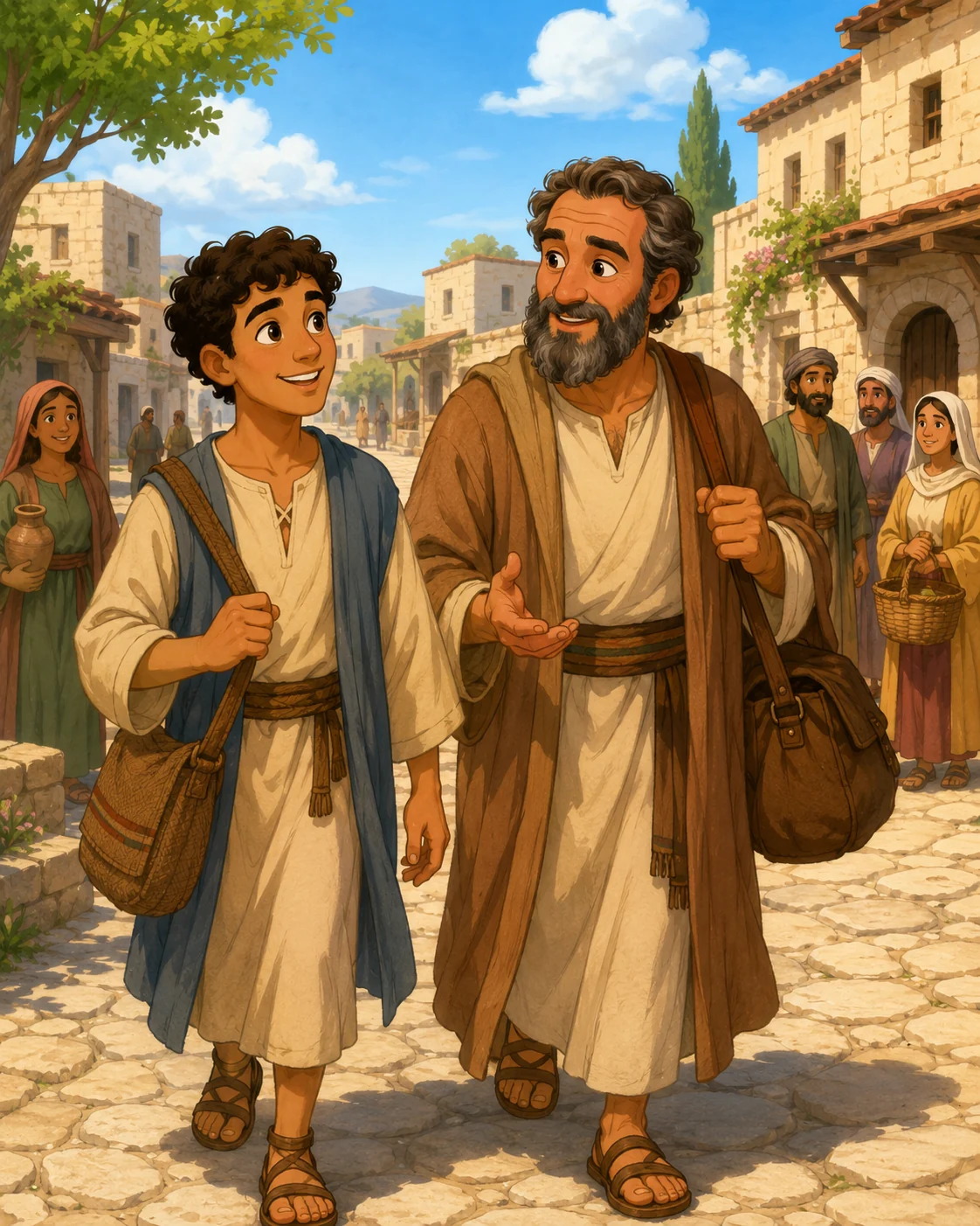 Timothy walking with Paul through an ancient town.