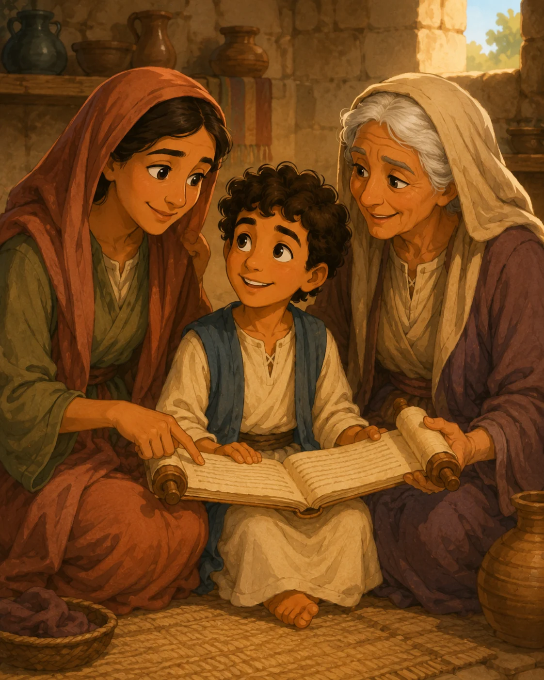 Young Timothy learning Scripture from his mother and grandmother.